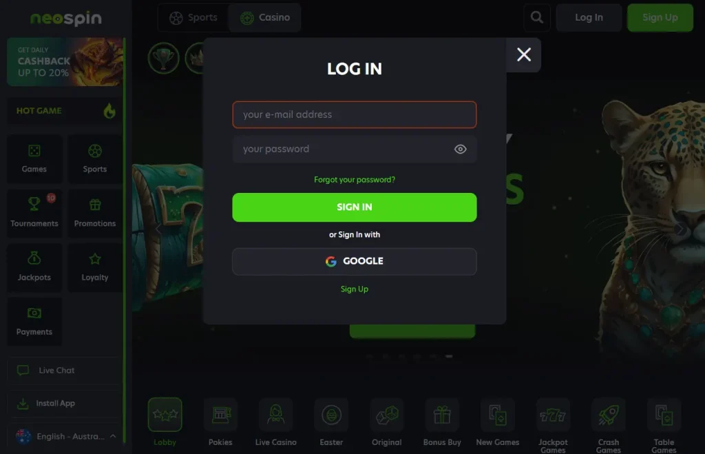 NeoSpin Casino Login Form